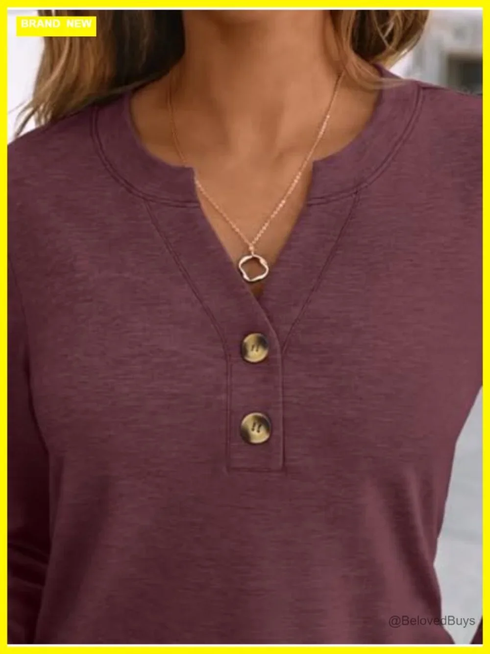 Women's Long Sleeve V-Neck Henley Blouse Loose Fit Dressy Casual Work Top